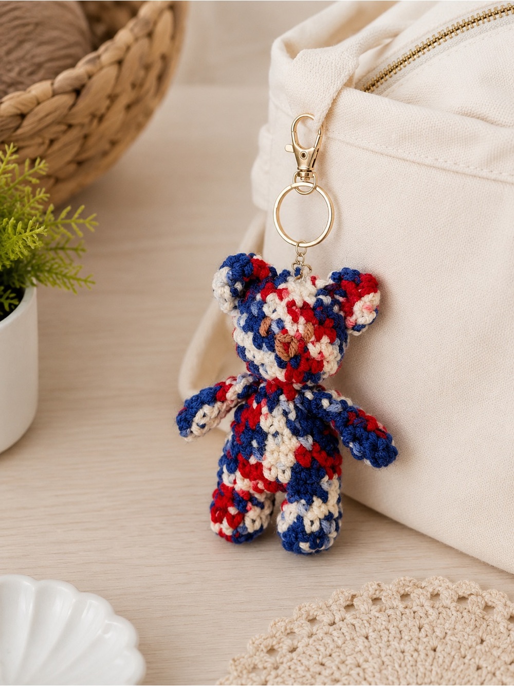 Handmade Crochet Teddy Keychain - Red, Blue & Cream